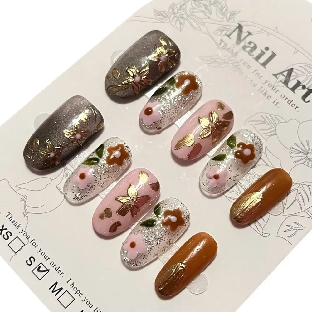 Stylish Handmade Multicolor Floral Oval Shape Press-On Nails Size S